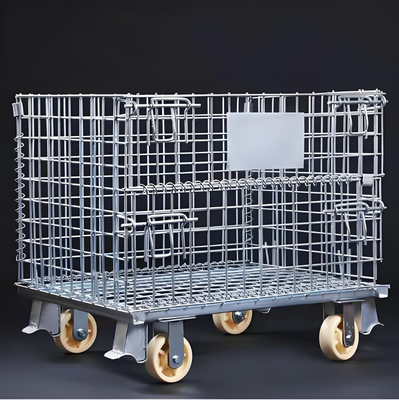 Cage di stoccaggio a maglia di acciaio pieghevole con ruote per uso industriale